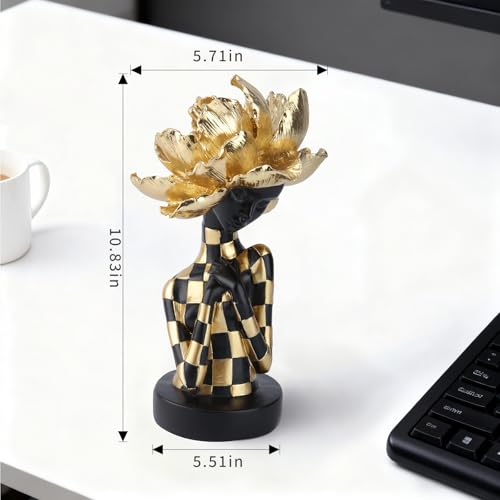 African Woman Sculpture with Golden Flower Headpiece