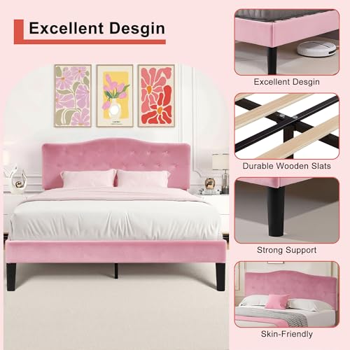 Queen Size Bed Frame with Upholstered Headboard