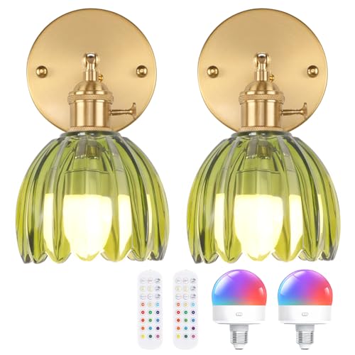 Vintage Battery Operated Wall Sconce with Green Tulip Glass Lampshade Rechargeable Battery Powered Wall Light with Remote Control for Bedside Bedroom Doorway (2 Count)