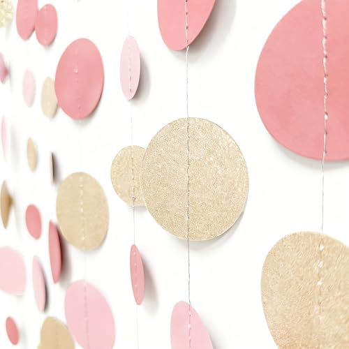 Champagne Gold Rose Pink Polka Dot Garland Champagne Dusty Pink Circle Dot Hanging Streamer Banner for Birthday Bridal Shower Wedding Engagement Retirement Boho Party Decorations Supplies