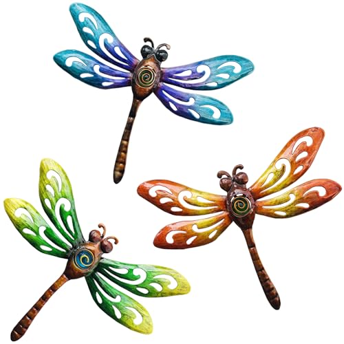 Metal Dragonfly Wall Decor Outdoor wall Art Hanging Decorations Living Room Bedroom Fence Dragonfly Garden Decor (3 Count)
