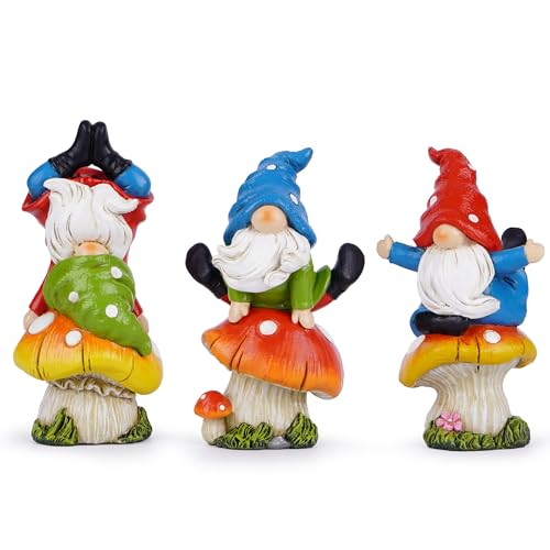 3 PCS Spring Yoga Mushroom Gnomes Decoration Summer Elf Figurines Gifts for Home Spring Lively Garden Statues Decor for Outdoor (3 Count)