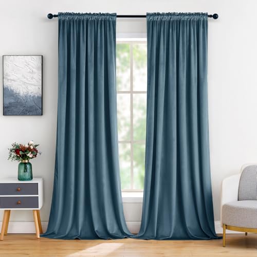 Dark Slate Blackout Velvet Curtains Drapes 96 Inch Long 52"x96" (2 Count)