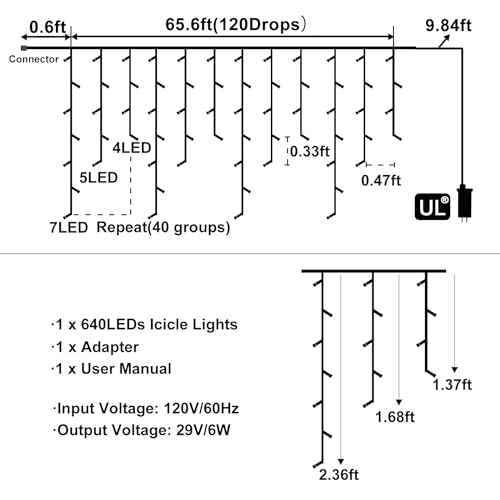 Colored Christmas Lights Outdoor 66ft 640 LED Icicle Lights for Outside