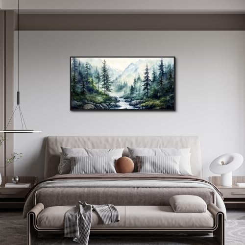 Black Framed Canvas Wall Art For Living Room Wall Decor For Bedroom Office Wall Decorations Misty Forest Paintings Tree landscape Pictures Artwork Room Aesthetic Home Decor 20x40 In