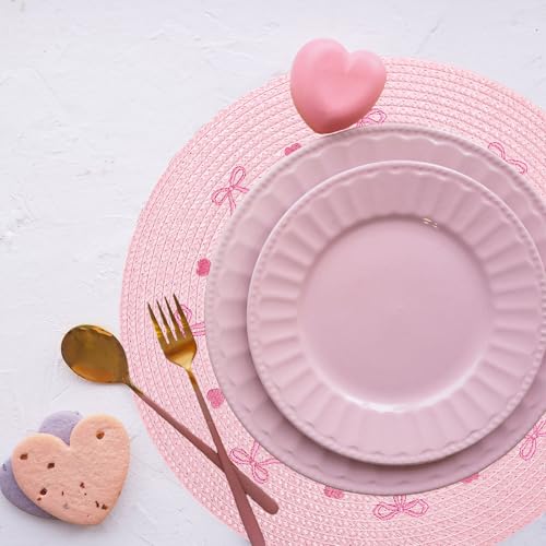 4 Pcs Pink Bow Embroidered Placemats Round Place Mats Coquette Bow Dinner Table Mats for Home Wedding Baby Shower Birthday Party Decor (4 Count)