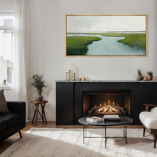 Extra Large Framed Canvas Print Wall Art Serene Marshland Landscape Green and Blue Peaceful Illustrations Antique Retro Fine Art Illustrations Decorative Colorful for Bedroom