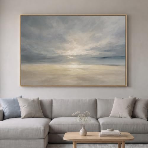 Extra Large Framed Beige Blue Coastal Abstract Wall Art