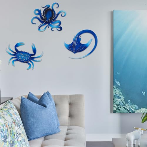 Metal Octopus Crab Manta Ray Coastal Nautical Ocean Decor Outdoor Metal Wall Art Decor Garden Pool Patio Bathroom Yard Farmhouse Fence Deck (3 Count)