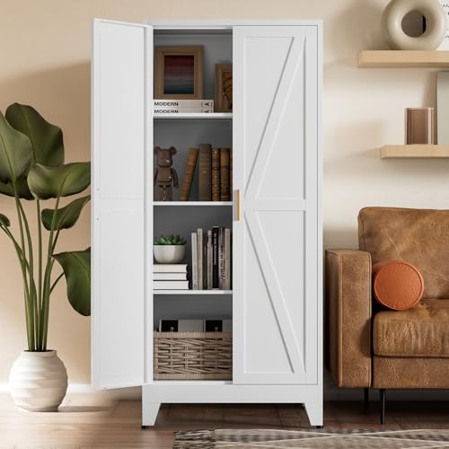 White Farmhouse Storage Kitchen Pantry Cabinet with 2 Barn Door