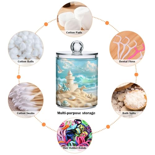 2 Pack Qtip Holder Organizer Dispenser Beach Sandcastles Seagulls Shells Bathroom Storage Canister Cotton Ball Holder Container for Cotton Pads (2 Count)