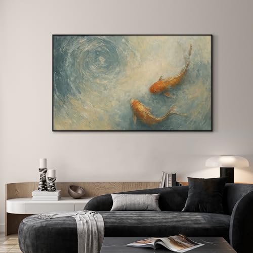 36"x60" Extra Large Framed Wall Art Koi Fish Swirl Tranquil Water Illustration for Home Living Room Bedroom Decor