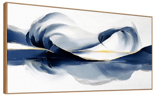 20x40 Inch Framed Abstract Blue Gold Mountain Canvas Wall Art Horizontal Navy Reflection Ink Landscape Wall Painting Modern Minimalist Textured Wall Decor for Living Room Bedroom