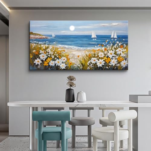 Large Vintage Landscape Painting Home Decor Blue Ocean Beach Painting Living Room Decorative Wall Art Modern Print Canvas White Flowers Farmhouse Office Bedroom Wall Decor 30 X 60 Inches