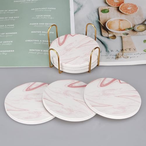 Cute Pink Marble Coasters for Desk Coffee Bar Table Kitchen Decor Set of 6 (6 Count)