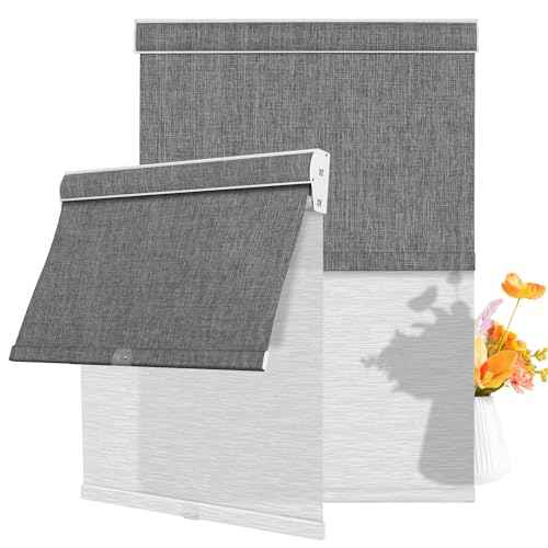 Cordless Dual Roller Shades.Dark Grey Linen & White.67 W x 48" H