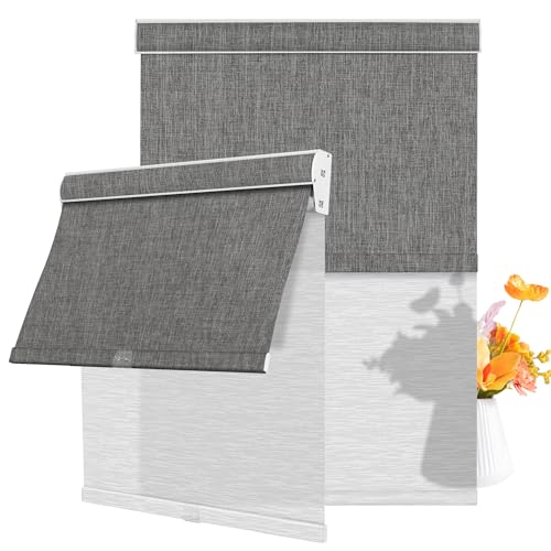 Cordless Dual Roller Shades.Dark Grey Linen & White.76 W x 72" H