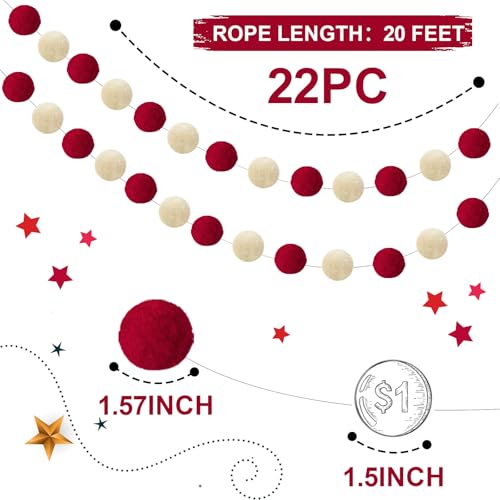 3pk Red Pom Pom Garland 20FT Colorful Large Felt Ball Garland for Mantle (60 Foot)