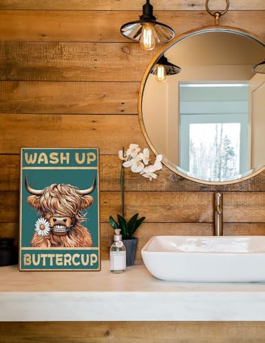 Highland Cow Wash Up Buttercup Sign Vintage Bathroom Decor 8x12"