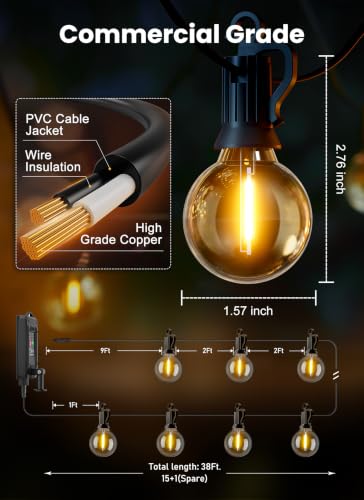 38FT 16LED Solar String Lights Outdoor with Remote & USB Port (38 Foot)