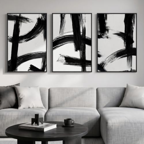 Large Framed Black and White Modern Abstract Wall Art Set (3 Count)