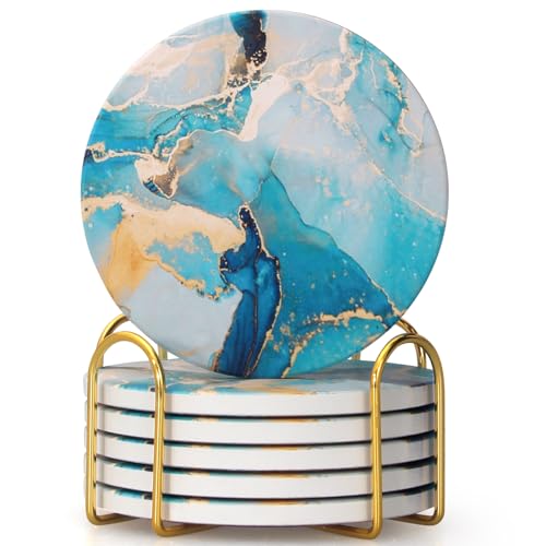 6 Pcs Light Blue Marble Abstract Ceramic Coasters with Holder for Table (6 Count)