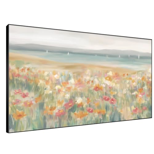 46"x72" Extra Large Framed Wall Art Coastal Flower Field with Sailing Boats Serene Landscape Illustration for Home Living Room Bedroom Decor