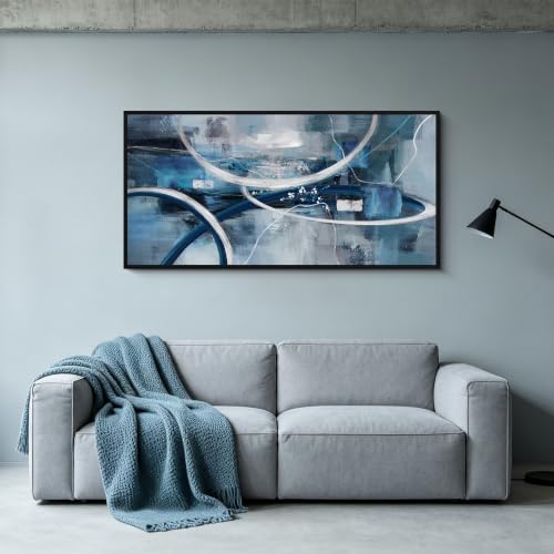 Blue Abstract Wall Art Modern Neutral Fluid Painting with Thin Black Frame