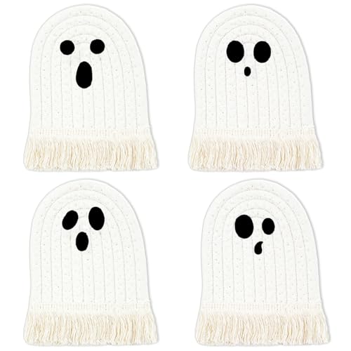 Halloween Ghost Cotton Coasters Cute White Ghost Shape Handmade Braided Drink Coasters with Tassel Absorbent Cup Mats for Trick or Treat Party Home Table Decor (4 Count)