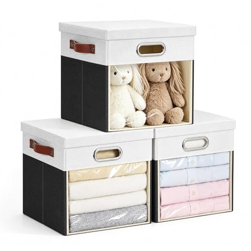 11x11 Inch Ultra Thick Fabric Storage Bins with Lids & Windows (3 Count)