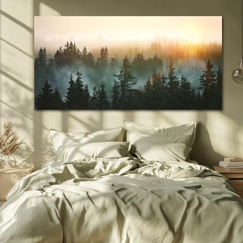 Canvas Wall Art Sunrise Forest Nature Painting Wall Decor for Bedroom Living Room Office Home Decor Wall Art 48x24 Inches (40 Count)