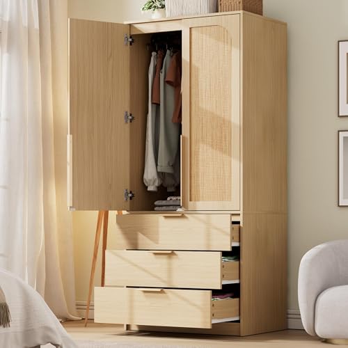 70" Wardrobe Armoire Wooden Closet with 3 Drawers