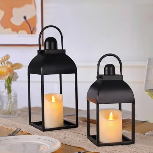Lanterns Decorative Indoor 15" 11" Set of 2 Black Metal Lantern with Candle (2 Count)