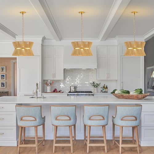 18” Hand Woven Rattan Boho Chandelier Brass Ajustable Pendant Light for Kitchen Island Living Room Bedroom Hallway