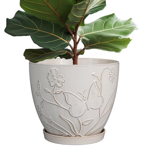 10 Inch Plant Pot Ceramic Planter Pot with Drainage Hole and Saucer Round Planter Large Flower Pot for Indoor Outdoor Plants Home Garden Decor White
