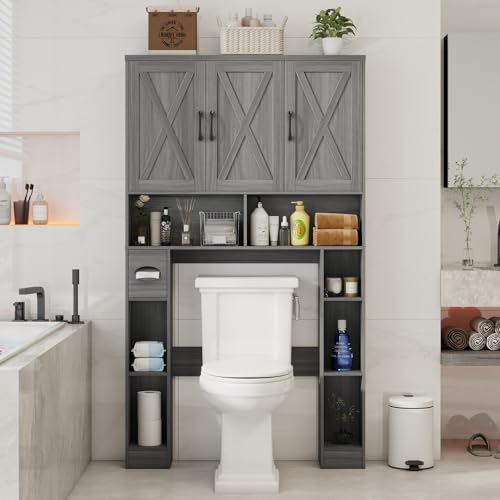 Over The Toilet Storage Cabinet with 3 Barn Doors.Wash Grey