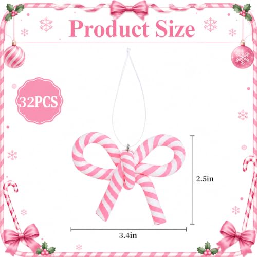 32 Pcs Pink White Bow Candy Cane Hanging Ornaments Christmas Tree Decor (32 Count)