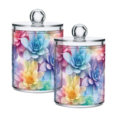 2 Pack Qtip Holder Organizer Dispenser Succulent Cactus Pattern Bathroom Storage Canister Cotton Ball Holder Container for Cotton Pads (2 Count)