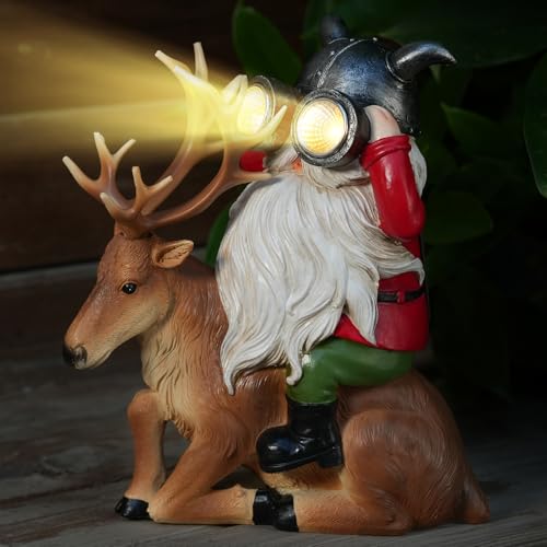 Garden Gnome Statues Resin Gnome Sitting On Deer Statues Solar Lights Outdoor Telescope Gnome Gifts for Yard