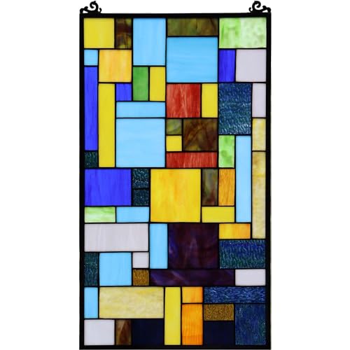 Geometric Color Block Tiffany Style Stained Glass Window Panel with Hanging Chain