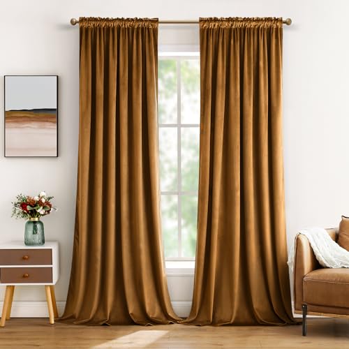 Golden Brown Blackout Velvet Curtains Drapes 72 Inch Long 52"x72" (2 Count)