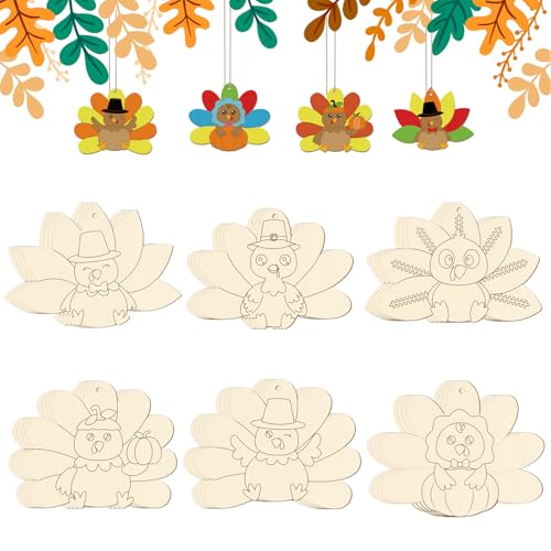 24 PCS Unfinished Wooden Thanksgiving Crafts Turkey Shaped Hanging Ornament (24 Count)