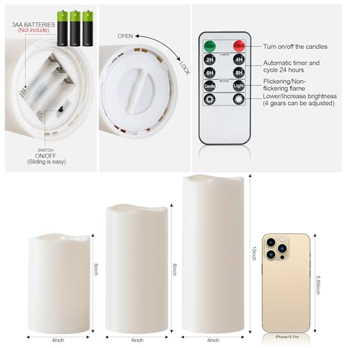Waterproof Outdoor Flameless LED Pillar Candles with Remote Timer (3 Count)