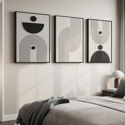 3D Large Framed Black and White Abstract Wall Art for Living Room (3 Count)