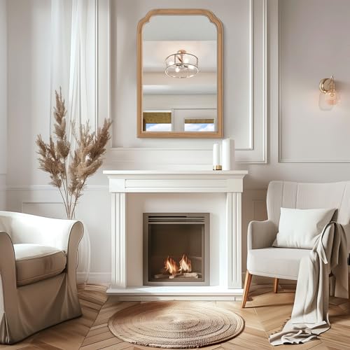 Wood Frame Wall Mirror Rounded Corner Arch Rectangle Mirror for Entryway