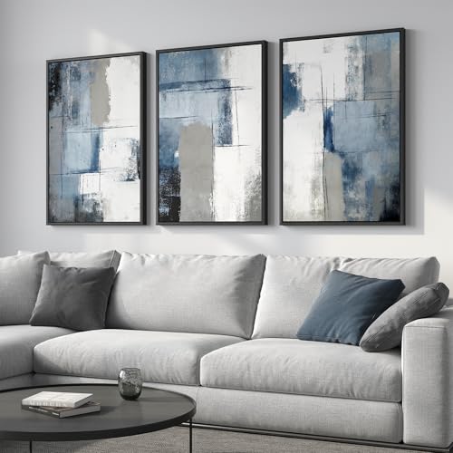 Large Framed Blue and Gray Abstract Wall Art for Living Room (3 Count)