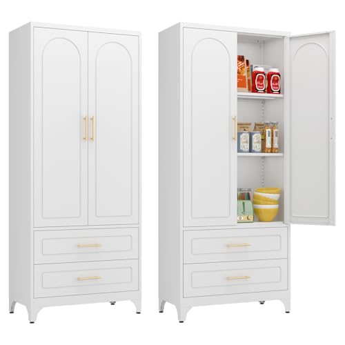 75" Tall White Metal Pantry Storage Cabinet with 2 Drawers