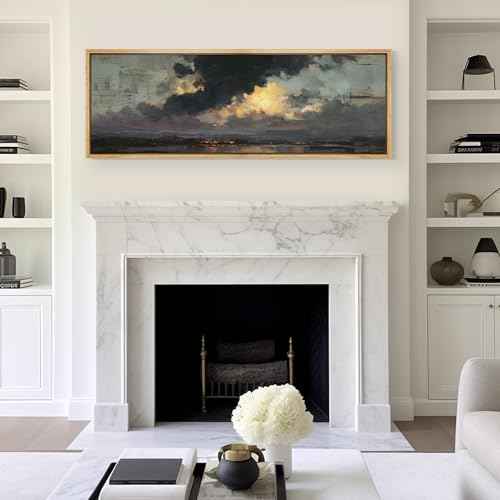 Large Framed Canvas Print Wall Art Dramatic Sunset Clouds Antique Retro Fine Art Illustrations Decorative Colorful for Bedroom