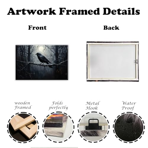 Crow Canvas Wall Art Black Crow Stand On The Branch Picture Print Moonlit Night Poster Vintage Forest Landscape Painting Artwork Living Room Halloween Decor