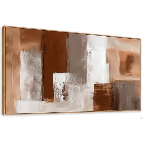 Framed Abstract Canvas Wall Art Brown White and Beige Modern Style 58 x 30 in Geometric Abstract Home Decor for Living Room Bedroom Office Wall Decoration Ready to Hang